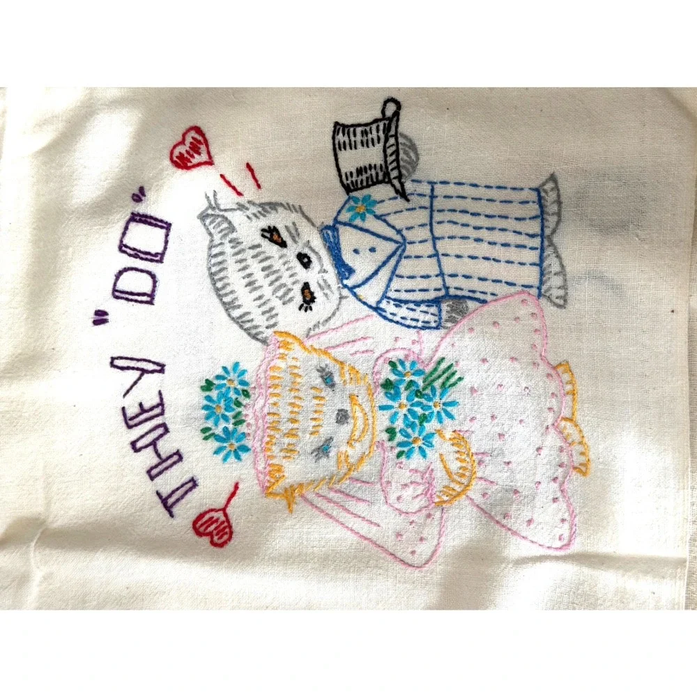 Hand Embroidered Cat Tea Towels Set 6 Kitsch Wedding Honeymoon